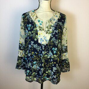 DR2 Blouse Top Size M Womens Blue White Floral Print 3/4 Bell Sleeve Lined Boho